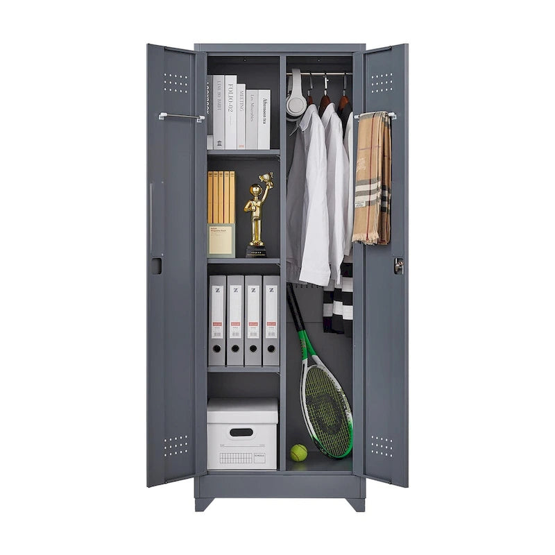 Armoire de rangement verrouillable en acier gris / gris et blanc, organisateur haut pour balais et outils