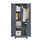 Armoire de rangement verrouillable en acier gris / gris et blanc, organisateur haut pour balais et outils
