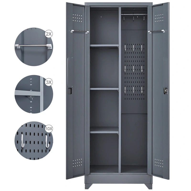 Armoire de rangement verrouillable en acier gris / gris et blanc, organisateur haut pour balais et outils