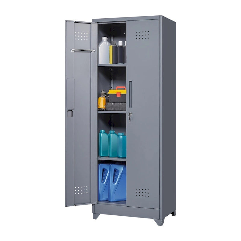 Armoire de rangement verrouillable en acier gris / gris et blanc, organisateur haut pour balais et outils