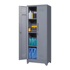 Armoire de rangement verrouillable en acier gris / gris et blanc, organisateur haut pour balais et outils