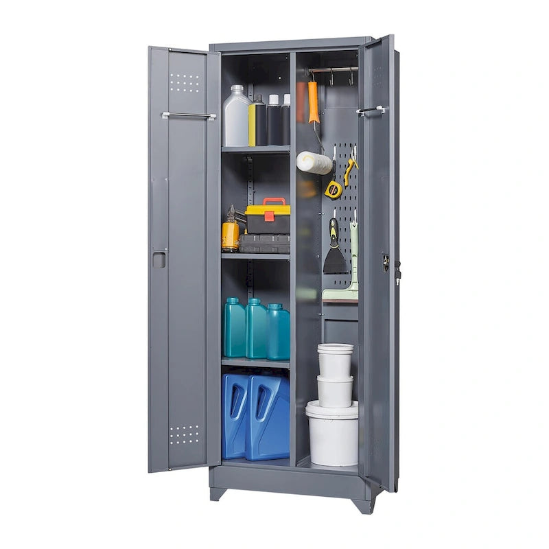 Armoire de rangement verrouillable en acier gris / gris et blanc, organisateur haut pour balais et outils