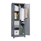 Armoire de rangement verrouillable en acier gris / gris et blanc, organisateur haut pour balais et outils