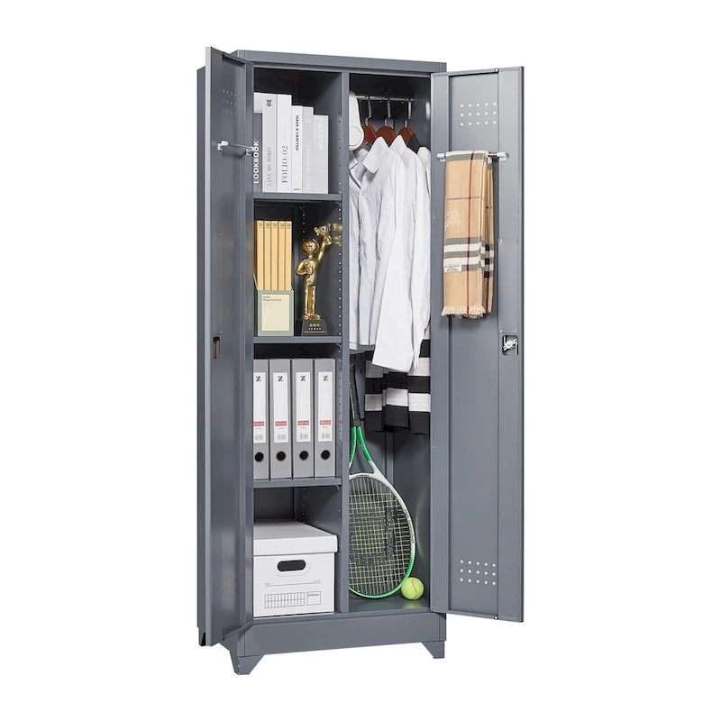 Armoire de rangement verrouillable en acier gris / gris et blanc, organisateur haut pour balais et outils