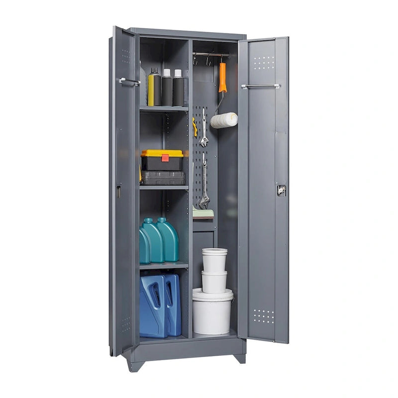 Armoire de rangement verrouillable en acier gris / gris et blanc, organisateur haut pour balais et outils
