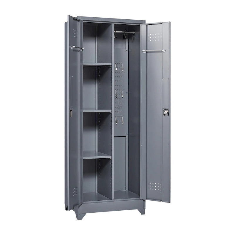 Armoire de rangement verrouillable en acier gris / gris et blanc, organisateur haut pour balais et outils