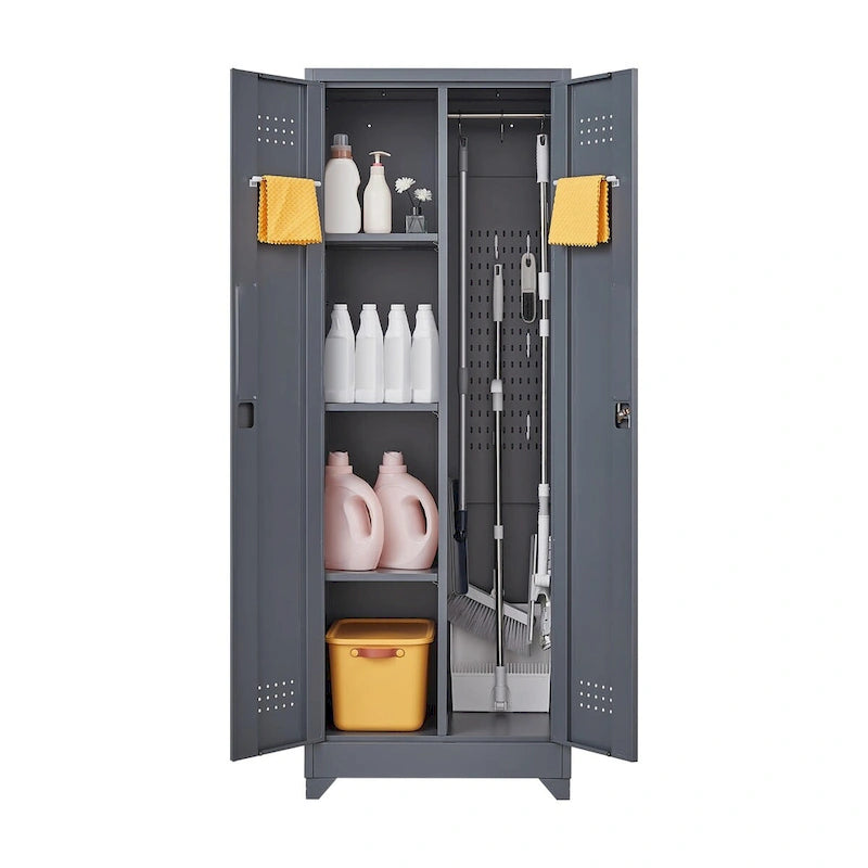 Armoire de rangement verrouillable en acier gris / gris et blanc, organisateur haut pour balais et outils