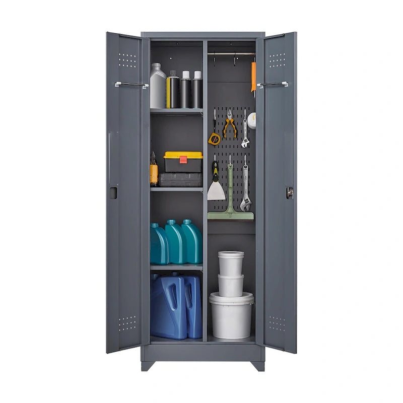 Armoire de rangement verrouillable en acier gris / gris et blanc, organisateur haut pour balais et outils