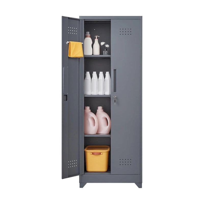 Armoire de rangement verrouillable en acier gris / gris et blanc, organisateur haut pour balais et outils