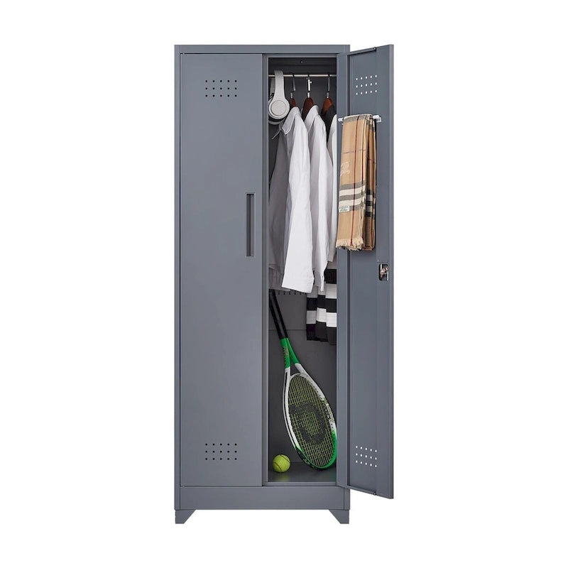 Armoire de rangement verrouillable en acier gris / gris et blanc, organisateur haut pour balais et outils