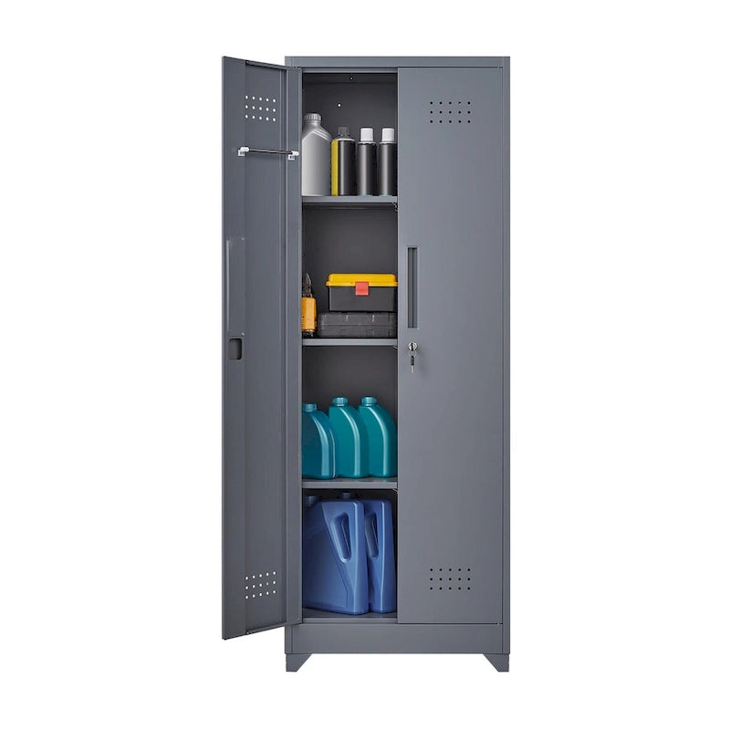 Armoire de rangement verrouillable en acier gris / gris et blanc, organisateur haut pour balais et outils