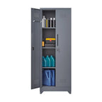 Armoire de rangement verrouillable en acier gris / gris et blanc, organisateur haut pour balais et outils