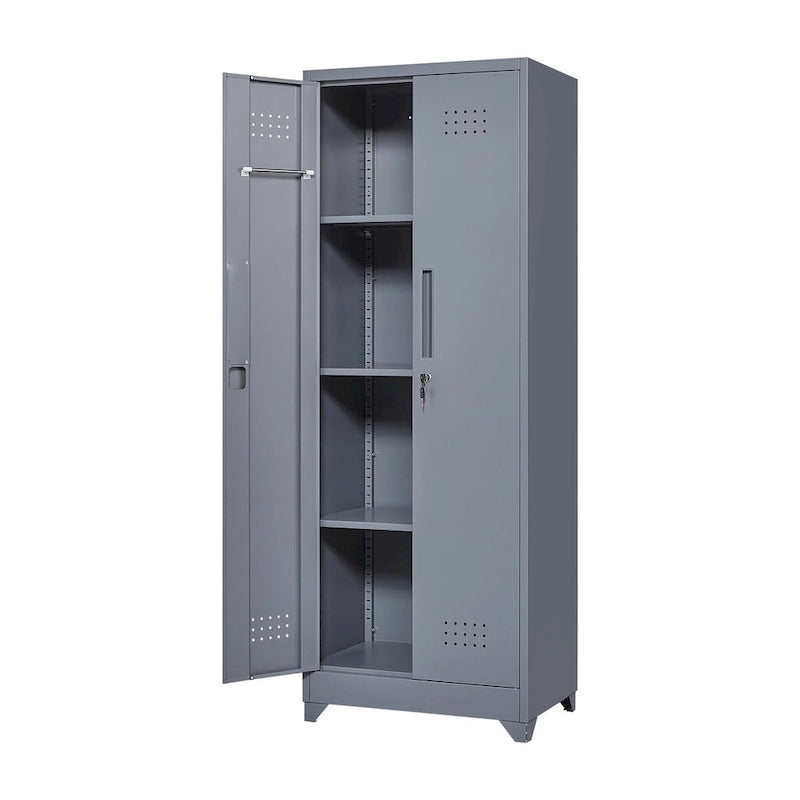 Armoire de rangement verrouillable en acier gris / gris et blanc, organisateur haut pour balais et outils