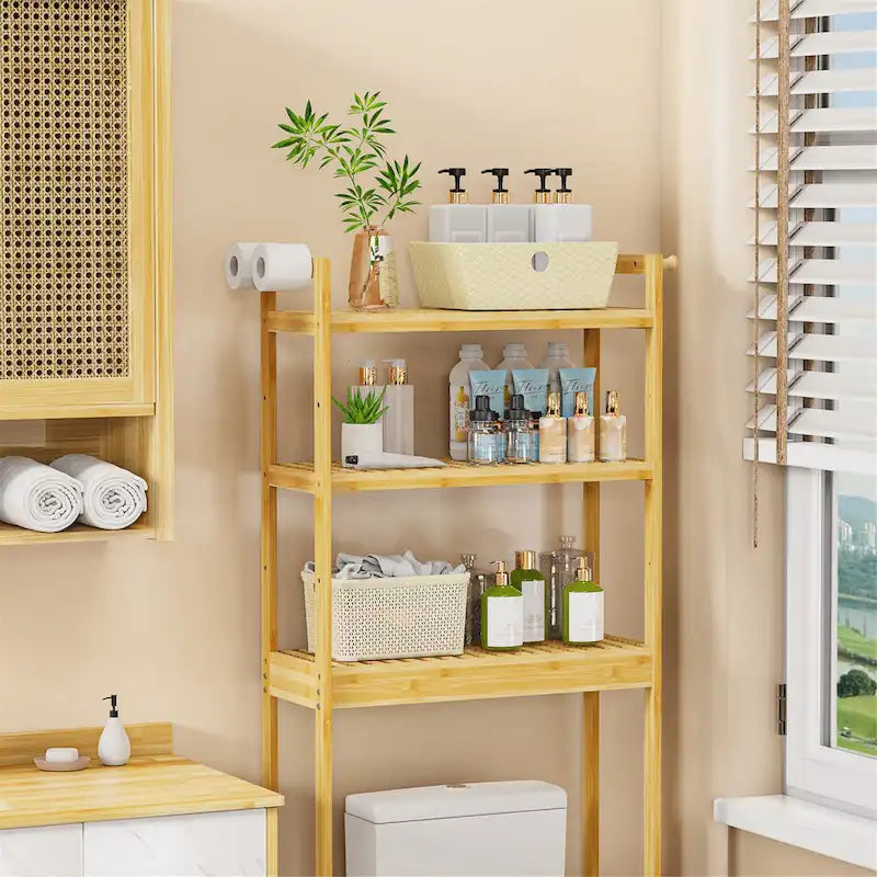 Étagère de rangement de toilette moderne en bambou et bois naturel, 3 niveaux, montage par 1 personne