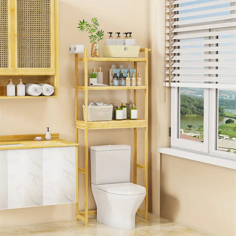 Étagère de rangement de toilette moderne en bambou et bois naturel, 3 niveaux, montage par 1 personne